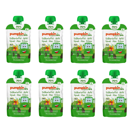 Pumpkin Organics - Quetschie Süßkartoffel Apfel Spinat Mais Erbsen bio - 100 g - 8er Pack