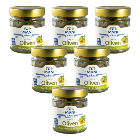 MANI Bläuel - Grüne Oliven al naturale in Scheiben bio - 120 g - 6er Pack