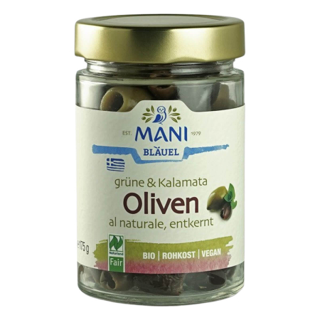 MANI Bläuel - Grüne und Kalamata Oliven al naturale entkernt bio NL Fair - 175 g