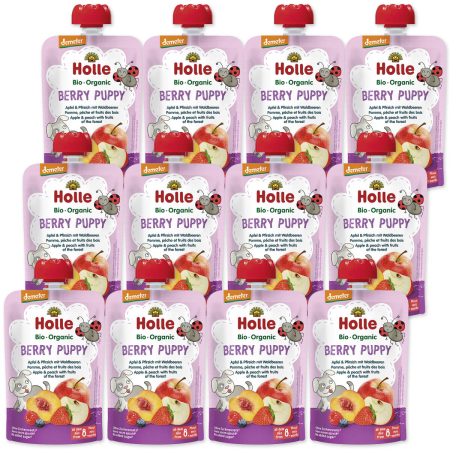 Holle - Quetschie Berry Puppy Pouchy Apfel Pfirsich mit Waldbeeren - 100 g - 12er Pack