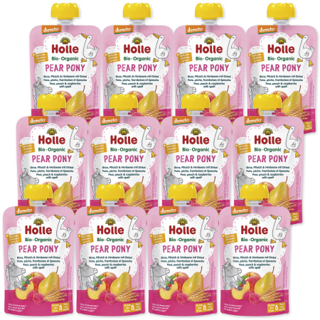 Holle - Quetschie Pear Pony Pouchy Birne Pfirsich Himbeere mit Dinkel - 100 g - 12er Pack
