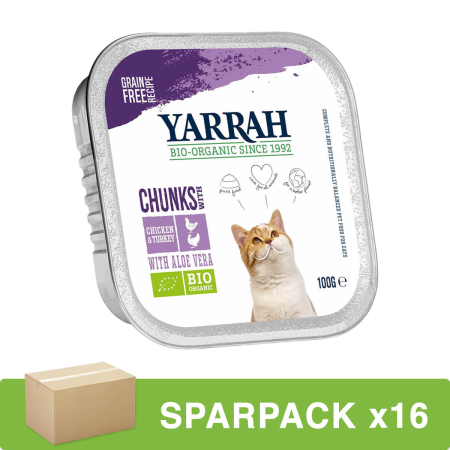 Yarrah - Katzen Bröckchen Huhn und Truthahn mit Aloe Vera - 100 g - 16er Pack