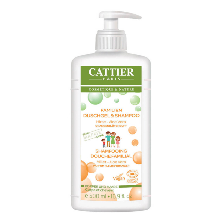Cattier - Familien Duschgel und Shampoo Hirse und Aloe Vera Orangenblütenduft - 500 ml