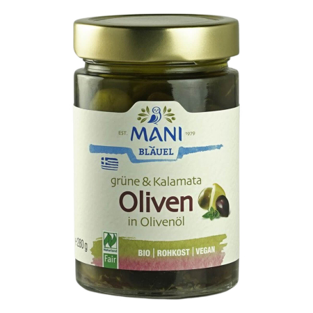 MANI Bläuel - Grüne und Kalamata Oliven in Olivenöl bio NL Fair - 280 g