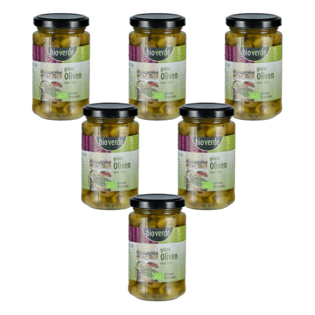bio-verde - Grüne Oliven ohne Stein mit frischen Kräutern in Öl-Marinade - 200 g - 6er Pack