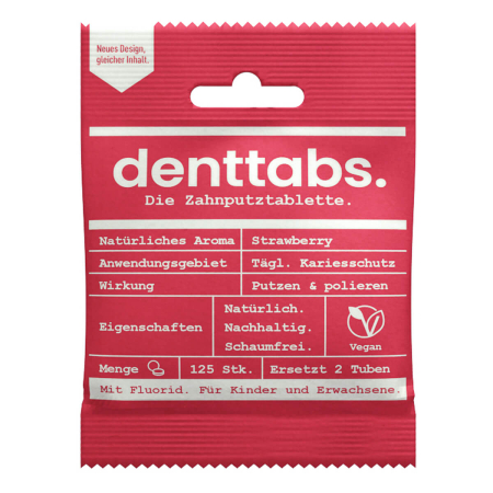 Denttabs - Zahnputztabletten Strawberry mit Fluorid 125 Stück - 1 Pack