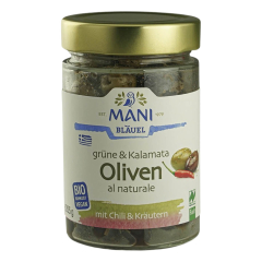 MANI Bläuel - Grüne und Kalamata Oliven mit Chili und...