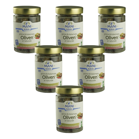 MANI Bläuel - Grüne und Kalamata Oliven mit Chili und Kräutern bio - 205 g - 6er Pack