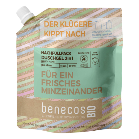 benecos - Duschgel 2in1 BIO-Minze Haut & Haar Nachfüllbeutel - 500 ml